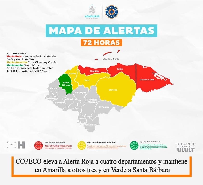 COPECO eleva a Alerta Roja a cuatro departamentos y mantiene en Amarilla a otros tres y en Verde a Santa Bárbara - Cover Image